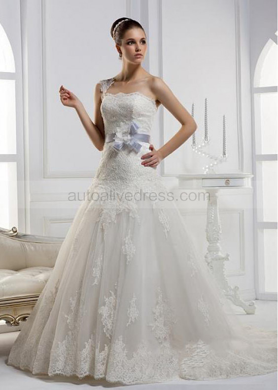 Ivory Lace Tulle One Shoulder Long Wedding Dress